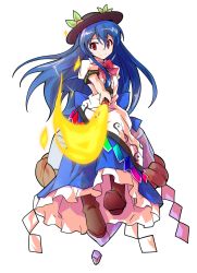 Rule 34 | 1girl, apron, black hat, blouse, blue hair, blue skirt, boots, bow, bowtie, brown footwear, dairi, dress shirt, food, frills, fruit, full body, hat, highres, hinanawi tenshi, holding, holding weapon, keystone, leaf, long hair, looking at viewer, peach, puffy short sleeves, puffy sleeves, rainbow order, red eyes, rock, shirt, short sleeves, sitting, sitting on rock, skirt, smile, solo, standing, sword of hisou, tachi-e, touhou, transparent background, weapon, white shirt
