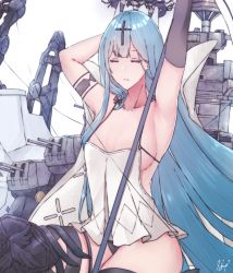 Rule 34 | 1girl, absurdly long hair, absurdres, asymmetrical gloves, azur lane, black gloves, black panties, blue hair, breasts, champagne (azur lane), cleavage, cross, cross hair ornament, elbow gloves, closed eyes, floating headgear, gloves, hair ornament, half gloves, headgear, highres, long hair, mbahsepti, medium breasts, panties, rigging, shirt overhang, simple background, single elbow glove, single half glove, sitting, solo, string, underwear, uneven gloves, very long hair
