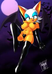 Rule 34 | 1girl, absurdres, animal ears, artist name, bare shoulders, bat (animal), bat ears, bat wings, black footwear, black gloves, blue eyes, boots, breasts, cameltoe, danmakuman, elbow gloves, eyelashes, eyeshadow, fang, floating, flying, from below, full body, full moon, furry, gloves, gradient background, high heel boots, high heels, highres, large breasts, maebari, makeup, moon, navel, night, night sky, open mouth, pasties, rouge the bat, shiny clothes, short hair, sky, smile, solo, sonic (series), thigh boots, tongue, white hair, wings