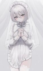 Rule 34 | 1girl, absurdres, apron, dress, grey eyes, highres, hrtx0, long sleeves, maid headdress, original, own hands together, solo, thighhighs, veil, white apron, white dress, white hair, white headdress, white theme, white thighhighs, white veil
