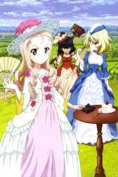 Rule 34 | 3girls, absurdres, andou (girls und panzer), black hair, blonde hair, blue dress, blue eyes, blue headwear, blue sky, bow, breasts, brown eyes, cake, camera, cleavage, closed mouth, clothes lift, cloud, dark-skinned female, dark skin, dress, dress bow, dress flower, dress lift, drill hair, field, flower, food, fork, frilled dress, frills, fruit, girls und panzer, green eyes, hand fan, hat, hat bow, hat feather, highres, holding, holding camera, holding fan, lifted by self, long hair, marie (girls und panzer), medium breasts, medium hair, megami magazine, military, military vehicle, motor vehicle, mountainous horizon, multicolored clothes, multicolored dress, multiple girls, official art, open mouth, oshida (girls und panzer), outdoors, plate, red dress, red headwear, rose, sky, small breasts, smile, strawberry, table, tank, tree, wang guo nian, white dress, white headwear