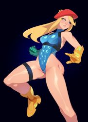 Rule 34 | 1girl, absurdres, adapted costume, beret, blonde hair, blue eyes, boots, breasts, cammy white, cammy white (cosplay), capcom, combos &amp; doodles, cosplay, curvy, fighting stance, from behind, gauntlets, gloves, harness, hat, highleg, highleg leotard, highres, jumping, leotard, lips, long hair, medium breasts, metroid, nintendo, red hat, samus aran, serious, shiny skin, solo, street fighter, street fighter v, thick thighs, thigh strap, thighs, thong leotard, very long hair, wide hips