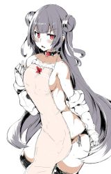 Rule 34 | 10s, 1girl, abyssal ship, apron, bare shoulders, black hair, blunt bangs, blush, bow, breasts, choker, clenched hand, collarbone, commentary request, contrapposto, double bun, eyebrows, frown, gauntlets, hair bun, heart lock (kantai collection), kantai collection, lace, lace-trimmed apron, lace trim, light cruiser oni, long hair, looking to the side, nearly naked apron, open mouth, panties, red eyes, side-tie panties, sideboob, solo, standing, sumisu (mondo), thighhighs, underwear