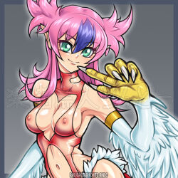 Rule 34 | 1girl, animal hands, bare shoulders, breasts, claws, commentary request, duel monster, feathers, green eyes, harpie cielo, harpy, leotard, long hair, medium breasts, monster girl, multicolored hair, navel, nipples, pink hair, pointy ears, purple hair, rindou akira, see-through, see-through leotard, solo, two-tone hair, white feathers, white wings, winged arms, wings, yu-gi-oh!, yu-gi-oh! rush duel