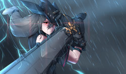 Rule 34 | 1girl, absurdres, arknights, black capelet, black gloves, black hat, capelet, commentary, commission, english commentary, gloves, glowing, glowing eye, grey shirt, hair between eyes, hat, highres, holding, holding sword, holding weapon, kaicchi, long hair, looking at viewer, rain, red eyes, shirt, silver hair, skadi (arknights), solo, sword, two-handed, upper body, weapon