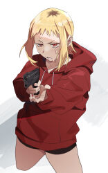 Rule 34 | 1girl, aiming, aiming at viewer, blonde hair, chainsaw man, gun, gun pointing at viewer, handgun, highres, holding, holding gun, holding weapon, hood, hoodie, ikanyoikanikan, looking at viewer, multicolored hair, open mouth, red eyes, red hoodie, roots (hair), sawatari akane (chainsaw man), shadow, short hair, shorts, simple background, slit pupils, solo, sweat, thighs, weapon, white background