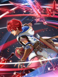 Rule 34 | 1boy, absurdres, adol christin, ahoge, arm guards, belt pouch, blue eyes, chiga akira, falcom, fingerless gloves, flying sword, gloves, highres, holding, holding sword, holding weapon, hood, hood down, hoodie, male focus, pouch, red hair, short hair, solo, sword, weapon, ys, ys x nordics