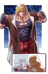 Rule 34 | ..., 1boy, 2koma, absurdres, bara, beard stubble, black tank top, blonde hair, bursting pectorals, coat, comic, facial hair, fingerless gloves, gloves, hands up, highres, ken masters, large pectorals, male focus, medium hair, muscular, muscular male, mustache stubble, open clothes, open coat, pectoral cleavage, pectorals, shopping, sigh, solo, street fighter, street fighter 6, stubble, tank top, tearing clothes, thick eyebrows, torn clothes, undersized clothes, wardrobe malfunction, yuiofire