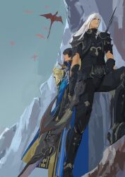 2boys armor aymeric_de_borel betulaer black_armor black_hair black_pants blue_cape blue_eyes breastplate cape closed_mouth commentary dragon estinien_varlineau faulds final_fantasy final_fantasy_xiv flying gauntlets greaves grey_eyes hashtag-only_commentary highres holding holding_polearm holding_weapon long_hair looking_ahead male_focus multiple_boys pants pauldrons polearm popped_collar short_hair shoulder_armor sky weapon white_hair