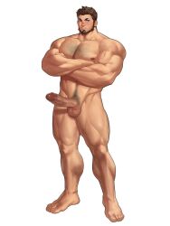 Rule 34 | 1boy, bara, beard, blush, brown hair, chest hair, closed mouth, completely nude, crossed arms, erection, facial hair, highres, large pectorals, male focus, male pubic hair, muscular, muscular male, nude, official art, oji-mama (skskdan), pectorals, penis, pubic hair, short hair, simple background, sisimaru hoshiura, solo, testicles, ttn (239 239), white background