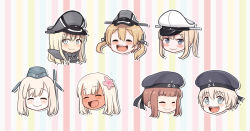 Rule 34 | 6+girls, ahenn, anchor hair ornament, bismarck (kancolle), blonde hair, blue eyes, blue headwear, brown hair, commentary request, dual persona, closed eyes, flower, garrison cap, graf zeppelin (kancolle), grey eyes, hair flower, hair ornament, hat, head only, kantai collection, long hair, looking at viewer, multiple girls, open mouth, peaked cap, prinz eugen (kancolle), ro-500 (kancolle), sailor hat, short hair, sidelocks, silver hair, smile, striped, striped background, teeth, tsurime, twintails, u-511 (kancolle), upper teeth only, z1 leberecht maass (kancolle), z3 max schultz (kancolle)