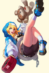 Rule 34 | 1boy, androgyne symbol, ass, bare legs, bike shorts, blonde hair, blue eyes, bridget (guilty gear), commentary, full body, guilty gear, guilty gear strive, highres, hood, hood up, hoodie, leg up, long hair, long sleeves, male focus, open clothes, open mouth, pleated skirt, roger (guilty gear), shirt, simple background, skirt, smile, solo, stuffed animal, stuffed toy, symbol-only commentary, teddy bear, trap, ura dora