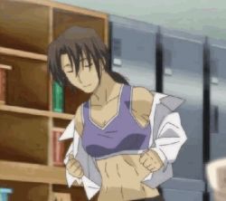Rule 34 | 1girl, abs, animated, animated gif, brown hair, cross days, ishibashi ion, long hair, lowres, muscular, muscular female, ponytail, shirt, solo, sports bra, undressing