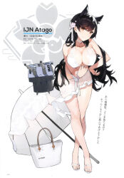Rule 34 | 1girl, absurdres, animal ears, atago (azur lane), azur lane, bag, bare shoulders, bikini, black hair, breasts, brown eyes, character name, cleavage, closed mouth, collarbone, covered erect nipples, full body, hair ornament, hand on own hip, highres, large breasts, leaning forward, lips, long hair, looking at viewer, mole, mole under eye, page number, pulled by self, sandals, scan, see-through, simple background, smile, standing, swimsuit, toeless footwear, toes, turret, umbrella