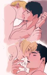 Rule 34 | 2boys, ao isami, bara, black hair, blonde hair, closed eyes, couple, cropped torso, facial hair, from side, highres, kiss, lewis smith, male focus, multiple boys, muscular, muscular male, nude, pivoine0905, sideburns stubble, stubble, sweat, thick eyebrows, torogao, translation request, unfinished, upper body, yaoi, yuuki bakuhatsu bang bravern