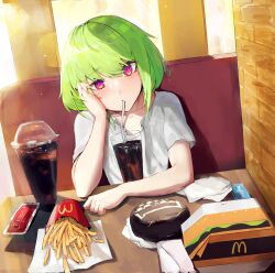 Rule 34 | 1boy, absurdres, booth seating, cup, disposable cup, drinking, drinking glass, drinking straw, fast food, food, french fries, green hair, hand on own cheek, hand on own face, highres, lio fotia, looking at viewer, mcdonald&#039;s, pink eyes, promare, short hair, sitting, soda, subu art, trap