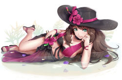Rule 34 | 1girl, alternate costume, bad id, bad twitter id, black headwear, breasts, brown hair, cleavage, dorothea arnault, fire emblem, fire emblem: three houses, fire emblem heroes, flower, gonzarez, green eyes, hat, hibiscus, high heels, highres, large breasts, long hair, looking at viewer, lying, nail polish, navel, nintendo, official alternate costume, on side, partially submerged, petals, petals on liquid, pink nails, sandals, simple background, smile, sun hat, swimsuit, water, white background