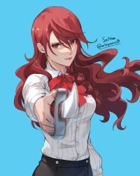 Rule 34 | 1girl, blue background, blurry, blurry foreground, bow, bowtie, closed mouth, collared shirt, dress shirt, floating hair, gekkoukan high school uniform, hair between eyes, highres, holding, holding weapon, kirijou mitsuru, long hair, looking at viewer, persona, persona 3, red bow, red bowtie, red eyes, red hair, school uniform, shirt, simple background, smile, soc nau, solo, standing, twitter username, weapon, white shirt, wing collar