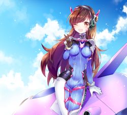 Rule 34 | 1girl, ;d, animal print, arm at side, armor, bad id, bad pixiv id, blue sky, blush, bodysuit, boots, bracer, breasts, breasts apart, brown eyes, brown hair, cloud, cloudy sky, contrapposto, cowboy shot, d.va (overwatch), day, eyebrows, facepaint, facial mark, g ieep, gloves, hand up, headphones, heart, long hair, long sleeves, mecha, medium breasts, meka (overwatch), one eye closed, open mouth, overwatch, overwatch 1, pauldrons, pilot suit, rabbit print, ribbed bodysuit, robot, shoulder armor, shoulder pads, skin tight, sky, smile, solo, spoken heart, standing, teeth, thigh boots, thigh gap, thigh strap, thighhighs, turtleneck, very long hair, w, whisker markings, white footwear, white gloves