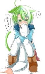 Rule 34 | 1girl, ahoge, animal ears, blush, cat ears, cat tail, dodome-iro mayonnaise, green eyes, green hair, highres, looking at viewer, matching hair/eyes, original, pantyhose, sharon (dodomayo), short hair, simple background, solo, stuffed animal, stuffed fish, stuffed toy, tail, text focus, translation request, white background, white pantyhose