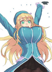 Rule 34 | 10s, 1girl, arms up, atago (kancolle), black gloves, blonde hair, bouncing breasts, breasts, gloves, green eyes, hat, huge breasts, impossible clothes, jumping, kantai collection, pantyhose, showgirl skirt, skirt, solo, yuuji (and)