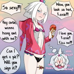 Rule 34 | 1girl, annoyed, embarrassed, english text, gen 1 pokemon, gen 5 pokemon, highres, hood, hoodie, koffing, panties, pokemon, revealing clothes, roxie (pokemon), scolipede, thought bubble, underwear, white hair