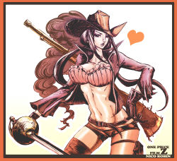 Rule 34 | 1girl, belt, character name, copyright name, cowboy hat, gloves, gun, hat, heart, highres, hyde (fxxker family), long hair, looking at viewer, midriff, navel, nico robin, one piece, one piece film: z, open clothes, open shirt, shirt, short shorts, shorts, solo, sword, thighhighs, twintails, very long hair, weapon