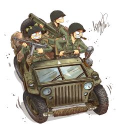 Rule 34 | 3boys, american flag, arjay-the-lionheart, belt, canteen, car, cigar, collared shirt, combat helmet, commentary, driving, english commentary, from above, green shirt, gun, helmet, highres, holding, holding gun, holding weapon, jacket, jeep, long sleeves, looking to the side, m1 bazooka, m1 helmet, male focus, military, military jacket, military uniform, military vehicle, motor vehicle, multiple boys, open collar, open mouth, pocket, pouch, rocket launcher, rope, shirt, signature, simple background, smoking, soldier, steering wheel, submachine gun, teeth, thompson submachine gun, toon (style), uniform, united states army, vehicle focus, weapon, white background, world war ii