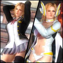 Rule 34 | 1girl, 3d, blonde hair, blue eyes, breasts, dead or alive, dead or alive 5, large breasts, official art, one eye closed, school uniform, smile, tecmo, tina armstrong, transformation, wink, wrestler