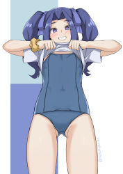 Rule 34 | 1girl, arms up, blue one-piece swimsuit, blush, clothes lift, gluteal fold, grin, hair intakes, highres, lifted by self, lips, long hair, melty q melromarc, nekokyun, no pants, one-piece swimsuit, purple eyes, purple hair, ribbon, school swimsuit, scrunchie, shirt, shirt lift, short sleeves, smile, solo, swimsuit, swimsuit under clothes, tate no yuusha no nariagari, thighs, twintails, white shirt, wrist scrunchie