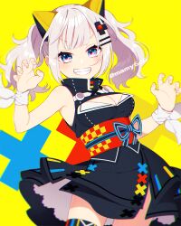 Rule 34 | 1girl, bare shoulders, black dress, blue eyes, blush, breasts, claw pose, cleavage, cleavage cutout, clothing cutout, commentary request, d-pad, d-pad hair ornament, dress, grey hair, grin, hair ornament, hairclip, kaguya luna, long hair, looking at viewer, mamyouda, medium breasts, obi, open mouth, ribbon, sash, sleeveless, sleeveless dress, smile, solo, standing, teeth, the moon studio, twintails, twitter username, v-shaped eyebrows, virtual youtuber, wrist cuffs, wrist ribbon, yellow background