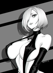 Rule 34 | 1girl, 2b (nier:automata), artist name, bare shoulders, brassica, breasts, detached sleeves, eyelashes, greyscale, hair over one eye, highres, large breasts, lips, monochrome, nier:automata, nier (series), parted lips, photo-referenced, shadow, short hair, slingshot swimsuit, solo, star (symbol), star in eye, strap gap, swimsuit, symbol in eye, two-tone background, upper body