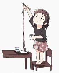 Rule 34 | 1girl, artist self-insert, barefoot, black shirt, brown hair, brown shorts, chair, chopsticks, closed mouth, commentary request, cup, drinking glass, floral print, food, grey background, highres, holding, holding chopsticks, holding cup, long hair, looking away, looking up, noodles, on chair, original, print shorts, shirt, short shorts, short sleeves, shorts, simple background, soba, solo, standing, table, tiptoes, v-shaped eyebrows, water, yukie (kusaka shi)