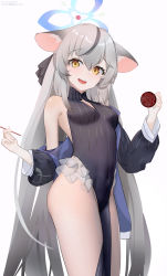 Rule 34 | 1girl, animal ears, black dress, black hair, blue archive, breasts, covered navel, dress, fuenyuan, grey hair, halo, highres, holding, kokona (blue archive), long hair, multicolored hair, open mouth, pelvic curtain, simple background, small breasts, smile, solo, standing, streaked hair, thighs, very long hair, white background, yellow eyes