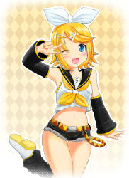 Rule 34 | 1girl, ;d, argyle, argyle background, argyle clothes, armpits, bare shoulders, belt, black shorts, black sleeves, blonde hair, blue eyes, blush, bow, brown background, commentary request, cowboy shot, crop top, cutoffs, detached sleeves, fang, hair bow, hair ornament, hairclip, hand up, headset, highres, kagamine rin, kazu-chan, leg warmers, looking at viewer, micro shorts, midriff, navel, neckerchief, one eye closed, open mouth, sailor collar, shirt, shoes, short hair, shorts, sidelocks, signature, sleeveless, sleeveless shirt, smile, solo, standing, standing on one leg, thigh gap, treble clef, twitter username, v over eye, vocaloid, white footwear, yellow belt, yellow neckerchief