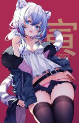 Rule 34 | 1girl, 2022, animal ears, animal hat, bare shoulders, belt, black belt, black shorts, black thighhighs, blue eyes, blue jacket, breasts, camisole, chinese zodiac, cleavage, collarbone, cowboy shot, fur-trimmed jacket, fur trim, gradient background, hair between eyes, halterneck, happy new year, hat, unworn hat, unworn headwear, highres, holding, holding clothes, holding hat, jacket, long hair, looking at viewer, medium breasts, new year, open clothes, open jacket, open mouth, open shorts, panties, paw print, pink panties, red background, short shorts, shorts, simple background, solo, string panties, suaynnai wanzi, tail, tail raised, teeth, thigh gap, thighhighs, tiger ears, tiger girl, tiger tail, twintails, underwear, upper teeth only, white camisole, white hair, year of the tiger