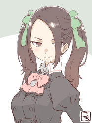 Rule 34 | 1girl, artist name, assault lily, bow, bowtie, breasts, brown eyes, brown hair, brown jacket, buttons, closed mouth, collared shirt, commentary request, cosplay, eyes visible through hair, forehead, gochisousama (tanin050), green background, green bow, hair bow, hair over one eye, half-closed eyes, highres, jacket, jewelry, juliet sleeves, kai chihiro, light blush, lock, long hair, long sleeves, looking at viewer, ludvico private girls&#039; academy school uniform, medium breasts, padlock, parted bangs, pendant, pink bow, pink bowtie, puffy sleeves, real life, school uniform, shirt, solo, sweatdrop, takatori natalie towa, takatori natalie towa (cosplay), twintails, two-tone background, upper body, v-shaped eyebrows, voice actor, voice actor connection, white background, white shirt