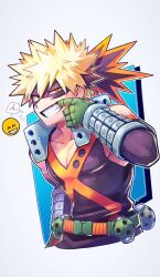 Rule 34 | 1boy, bakugou katsuki, bare shoulders, belt, black mask, black shirt, black sleeves, blonde hair, blue background, boku no hero academia, collarbone, commentary, cropped legs, detached sleeves, emoji, explosive, eye mask, gauntlets, gloves, green belt, green gloves, grenade, grin, hair between eyes, hand up, highres, looking at viewer, male focus, mask, mecyo (mamezurushiki), mouth pull, pectorals, red eyes, shirt, short hair, simple background, sleeveless, sleeveless shirt, smile, solo, speech bubble, spiked hair, symbol-only commentary, teeth, v-neck, v-shaped eyebrows, white background