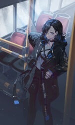 Rule 34 | 1girl, absurdres, black choker, black hair, black pantyhose, black shorts, blue eyes, bus, choker, closed mouth, commentary, facing viewer, feet out of frame, hair over one eye, highres, holding, jacket, light rays, long hair, long sleeves, looking ahead, motor vehicle, open clothes, open jacket, original, pantyhose, ramingbera, red jacket, shirt, shorts, solo, standing, symbol-only commentary, techwear, white shirt