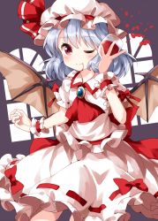 Rule 34 | 1girl, alcohol, ascot, bat wings, brooch, closed mouth, cowboy shot, cup, grey background, hair between eyes, hat, hat ribbon, highres, holding, holding cup, jewelry, looking at viewer, medium hair, mob cap, one eye closed, red ascot, red eyes, red ribbon, red wine, remilia scarlet, ribbon, ribbon-trimmed skirt, ribbon trim, ruu (tksymkw), shirt, short sleeves, silver hair, skirt, smile, solo, standing, touhou, white hat, white shirt, white skirt, window, wine, wings, wrist cuffs