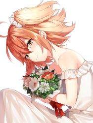 Rule 34 | 1girl, absurdres, ahoge, alternate costume, bare shoulders, bouquet, bow, closed mouth, derori, dress, fate/grand order, fate (series), flower, fujimaru ritsuka (female), hair ornament, hair scrunchie, highres, holding, holding bouquet, looking at viewer, orange hair, red bow, scrunchie, short hair, side ponytail, simple background, smile, solo, strapless, strapless dress, white background, white dress, white scrunchie, yellow eyes