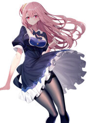 Rule 34 | 1girl, black bow, black dress, black pantyhose, blush, bow, breasts, closed mouth, commentary request, detached collar, dress, emily stock, feet out of frame, frilled dress, frills, hair between eyes, hair ornament, hair scrunchie, hand up, highres, large breasts, long hair, looking at viewer, one side up, original, pantyhose, pink hair, puffy short sleeves, puffy sleeves, red eyes, ririko (zhuoyandesailaer), scrunchie, short sleeves, simple background, smile, solo, very long hair, white background, yellow scrunchie