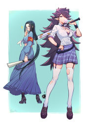 Rule 34 | 2girls, aqua background, baseball bat, black footwear, black hair, blue skirt, breasts, blowing bubbles, chewing gum, cleavage, crop top, fengxi (the legend of luoxiaohei), genderswap, genderswap (mtf), glasses, hair over one eye, highres, holding, holding baseball bat, large breasts, long hair, long skirt, low-tied long hair, midriff, multiple girls, partially unbuttoned, plaid, plaid skirt, pleated skirt, pointy ears, purple skirt, shirt, shirt tucked in, shoes, simple background, skirt, suncle, luo xiaohei zhanji, thighhighs, very long hair, white legwear, white shirt, wuxian (the legend of luoxiaohei)