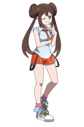 1girl ;) alternate_costume asatsuki_(fgfff) blue_footwear brown_hair closed_mouth collared_shirt commentary_request creatures_(company) double_bun full_body game_freak hair_bun highres long_hair necktie nintendo one_eye_closed orange_necktie orange_shorts pink_socks pokemon pokemon_bw2 pokemon_sv rosa_(pokemon) shirt shoes shorts simple_background smile sneakers socks solo standing suspenders twintails white_background