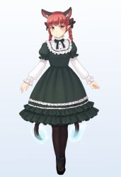Rule 34 | 1girl, alternate costume, animal ears, black bow, black footwear, blue background, bow, bowtie, braid, cat ears, dress, extra ears, full body, gradient background, green bow, green bowtie, green dress, hair bow, isaki (gomi), kaenbyou rin, long sleeves, looking at viewer, multiple tails, pantyhose, pointy ears, red eyes, red hair, shoes, solo, standing, tail, touhou, twin braids, two tails