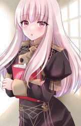 Rule 34 | 1girl, :o, blush, book, buttons, commentary request, fire emblem, fire emblem: three houses, garreg mach monastery uniform, highres, holding, holding book, hugging book, hugging object, juliet sleeves, kirishima riona, long hair, long sleeves, looking at viewer, lysithea von ordelia, mixed-language commentary, nintendo, pink eyes, puffy sleeves, solo, uniform, white hair