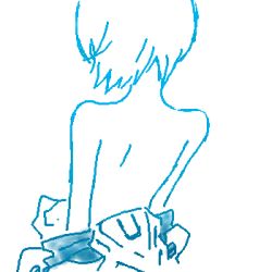 Rule 34 | ayanami rei, back, bare shoulders, blue theme, gen (susono01), lowres, monochrome, neon genesis evangelion, oekaki, plugsuit, short hair, solo, topless, undressing