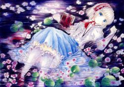 Rule 34 | 1girl, adapted costume, alice margatroid, blonde hair, blouse, blue eyes, book, capelet, clenched hand, colored pencil (medium), darkkanan, expressionless, flower, frilled socks, frills, graphite (medium), grimoire, hairband, highres, kneehighs, lily pad, lolita hairband, looking at viewer, lying, lying on water, mary janes, on back, partially submerged, petals, shirt, shoes, short hair, skirt, socks, solo, touhou, traditional media, water, white socks