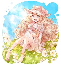 Rule 34 | 1girl, anklet, arm support, bad id, bad pixiv id, barefoot, blonde hair, blue eyes, dress, flower, grass, hat, hat flower, hat ribbon, jewelry, jikgu, long hair, open mouth, ribbon, sitting, solo, very long hair, wavy hair