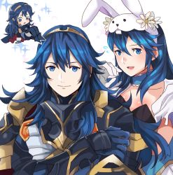 Rule 34 | 1girl, alternate costume, animal ears, armor, blue eyes, blue hair, choker, closed mouth, fire emblem, fire emblem awakening, fire emblem heroes, gloves, long hair, looking at viewer, lucina (fire emblem), lucina (spring) (fire emblem), multiple views, nintendo, official alternate costume, open mouth, rabbit ears, rem (eyes 410), simple background, smile, upper body, white gloves